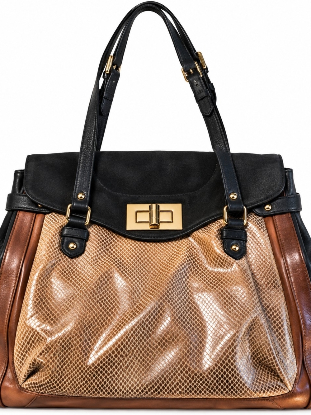 BE&D Black Brown Colorblock Leather Suede Embossed Tote Shoulder Bag Series 1955